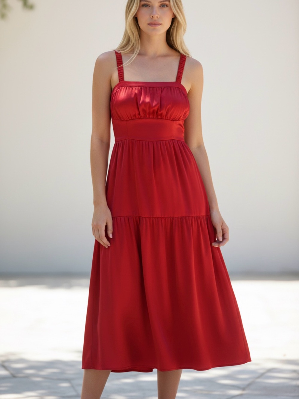 Derek Lam Red Tiered Midi Dress with Square Neck